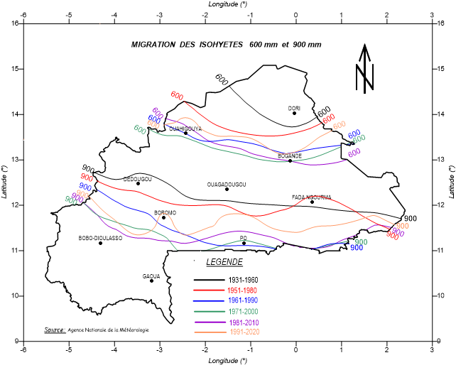 Carte des migrations des isohyètes au Burkina Faso